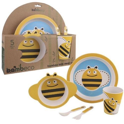 Bamboo Kids Meal Time Set Spoon Plate Fork Children Kid 5 Pieces Bambeco Bee