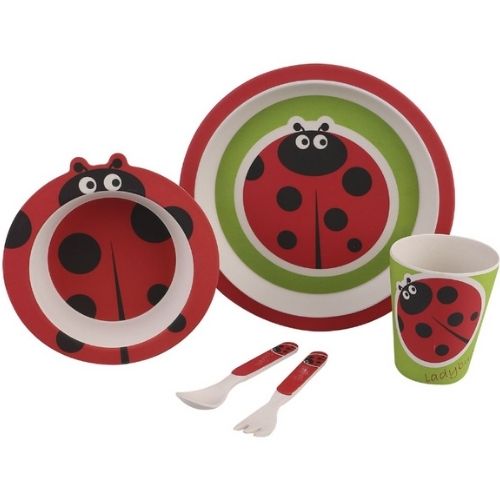 Bamboo Kids Meal Time Set Spoon Plate Fork Children Kid 5 Pieces Bambeco Ladybug