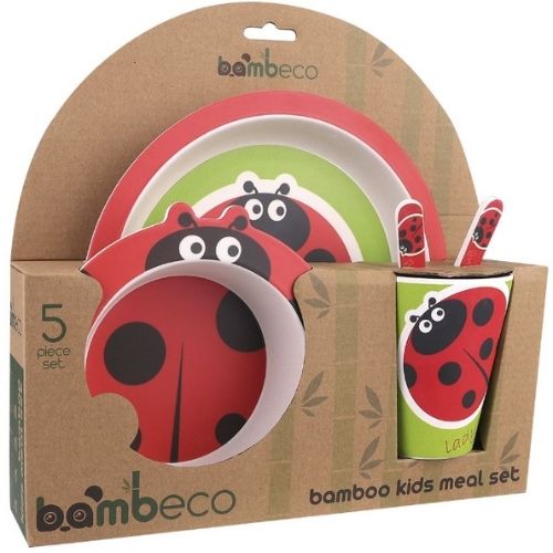 Bamboo Kids Meal Time Set Spoon Plate Fork Children Kid 5 Pieces Bambeco Ladybug