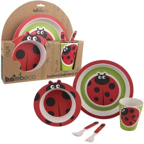 Bamboo Kids Meal Time Set Spoon Plate Fork Children Kid 5 Pieces Bambeco Ladybug