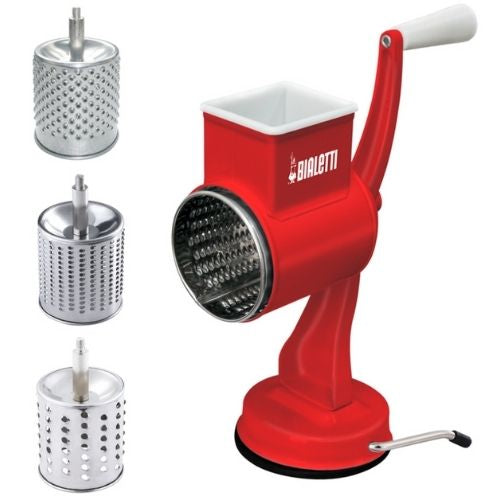 Bialetti 3 Drum Stainless Steel Grater with Non-Slip Suction Base, Red