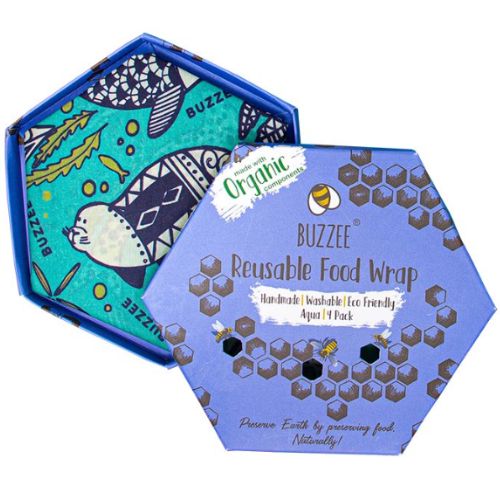 Buzzee Organic Beeswax Wraps 4 Pack - Reusable Food Storage Covers - Aqua