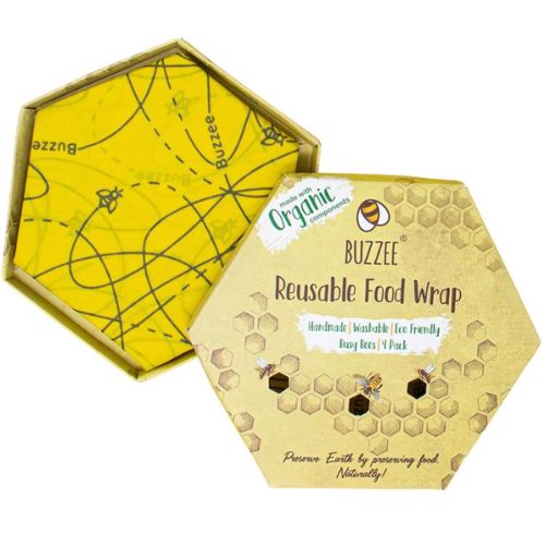 Buzzee Organic Beeswax Wraps 4 Pack - Reusable Food Storage Covers - Busy Bees