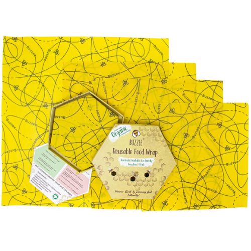 Buzzee Organic Beeswax Wraps 4 Pack - Reusable Food Storage Covers - Busy Bees