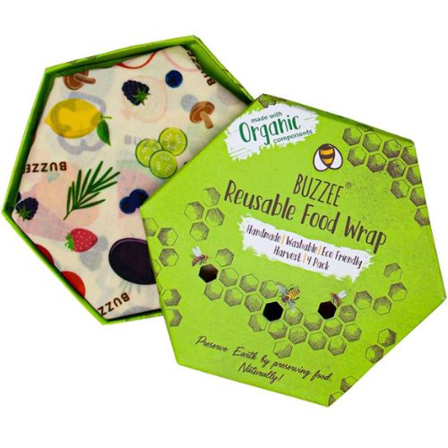 Buzzee Organic Beeswax Wraps 4 Pack - Reusable Food Storage Covers - Harvest