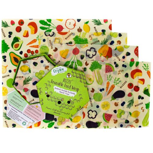 Buzzee Organic Beeswax Wraps 4 Pack - Reusable Food Storage Covers - Harvest