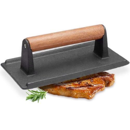 Cast Iron Bacon Press Steak Meat Grill Weight Plate w/ Wood Handle Barbecue Tool