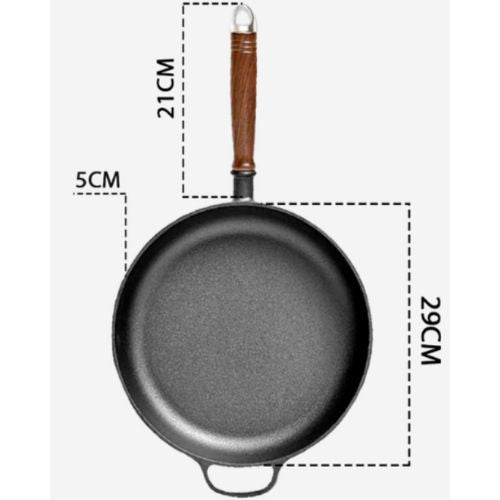 Cast Iron Frying Pan Skillet Steak Sizzle Platter 29 cm Round with Wooden Handle
