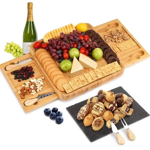 Charcuterie Bamboo Cheese Board & Knife Set, Wine Crackers Platter Serving Tray
