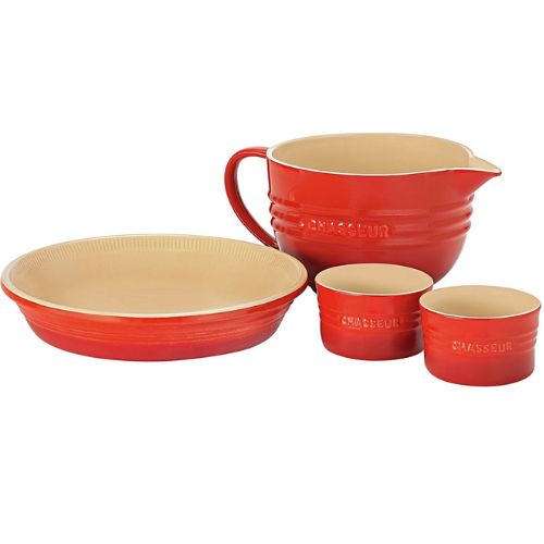 Chasseur La Cuisson 4 Piece Starter Set w Pie Dish, Ramekins & Mixing Jug - Red