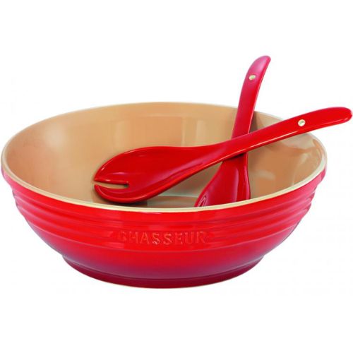 Chasseur La Cuisson Round Bowl With Salad Server Set - Red