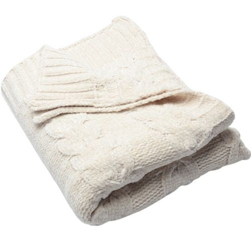 Chenille Throw Soft Cable Knit Blanket Comfortable Knitted Blankets, Ivory Tusk