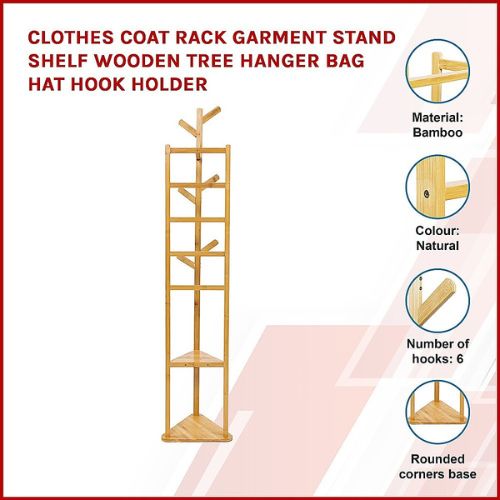 Clothes Stand Garment Coat Rack Shelf Wooden Tree Hanger Bag Hat Hook Holder