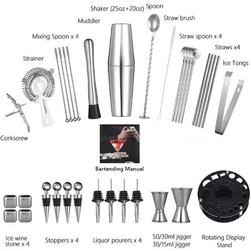 Cocktail Shaker Set 35 Pieces Bartender Kit With Rotating 360 Display Stand