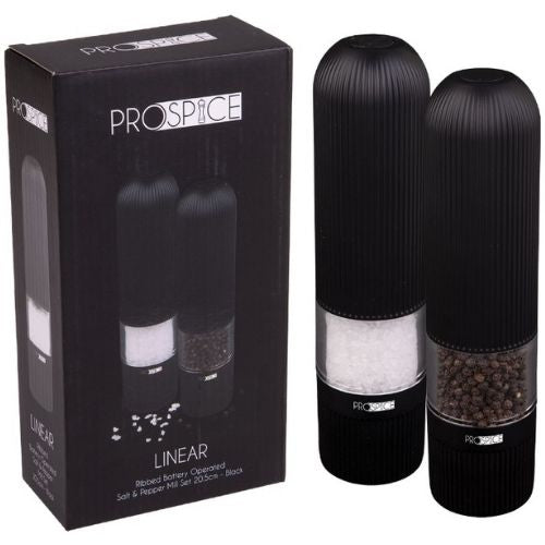 Condiments Salt & Pepper Mill/Grinder Set Ribbed Battery Operated Prospice-Black