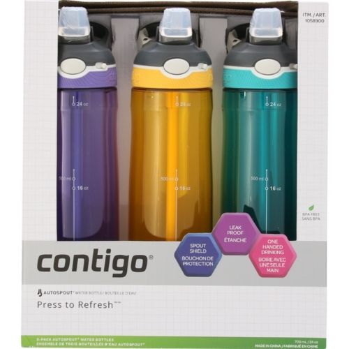 Contigo Autospout ASHLAND Straw Water Bottle 3 Pack Pcs Grape/Gold/Teal BPA Free