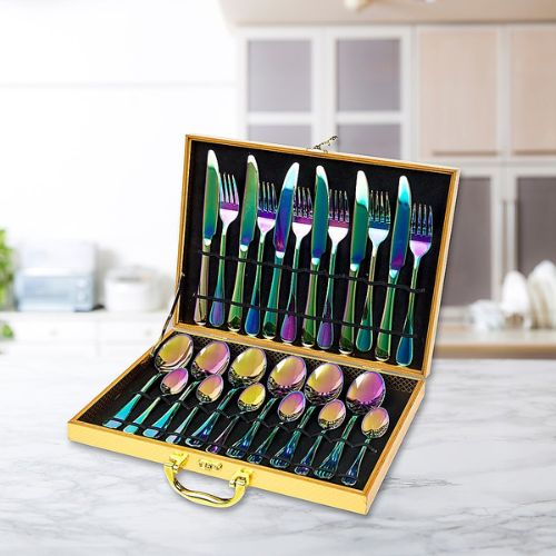 Cutlery Set 24pcs Stainless Steel Rainbow Fork Knife Spoon Dinnerware Sets