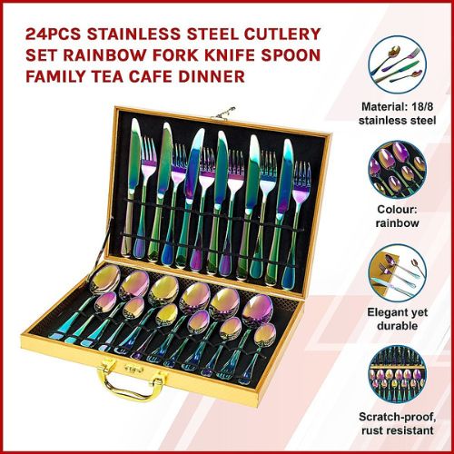 Cutlery Set 24pcs Stainless Steel Rainbow Fork Knife Spoon Dinnerware Sets