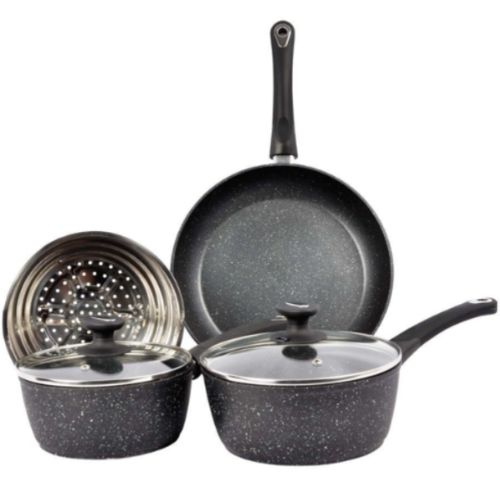 Davis & Waddell Marblon Cookset with Glass Lids Set of 4 Piece, Black/Silver