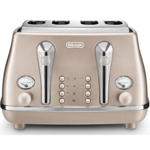 DeLonghi Metallics 4 Slice Bread Toaster Icona Reheat & Defrost Function - Beige