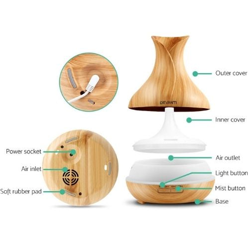 Devanti 4 in 1 Aroma Diffuser 400ml Humidifier w/ Remote Control LED Light Wood