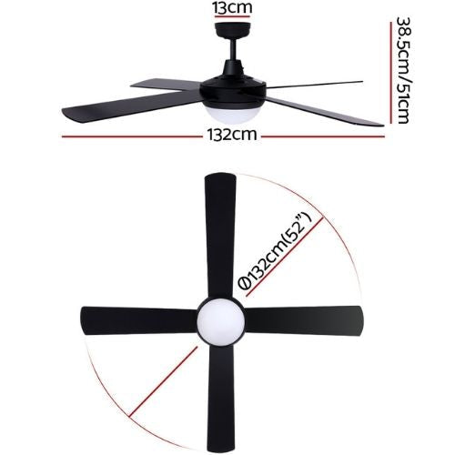 Devanti 52'' Ceiling Fan 4 Wooden Blades with LED Light & Remote Control - Black