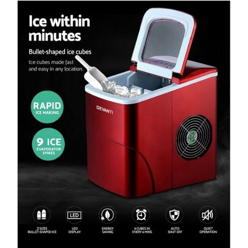 Devanti Portable Ice Cube Maker Machine 2L Home Bar Benchtop Easy Quick - Red