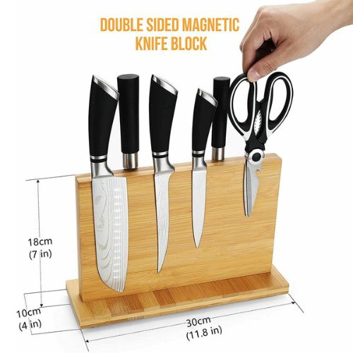 Double Sided Bamboo Magnetic Knife Rack Cutlery Storage Holder Stand Shelf Block