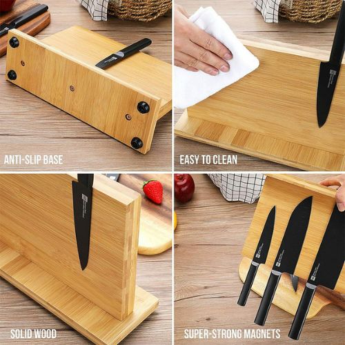 Double Sided Bamboo Magnetic Knife Rack Cutlery Storage Holder Stand Shelf Block