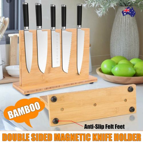 Double Sided Bamboo Magnetic Knife Rack Cutlery Storage Holder Stand Shelf Block