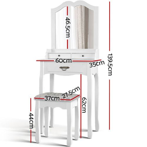 Dressing Table Stool Set Makeup Mirror Jewellery Drawer Organiser Cabinet, White