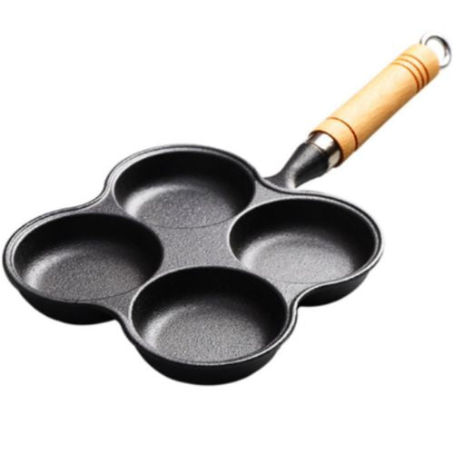 Egg Frying Pan Cast Iron 4 Cups Pancake Breakfast Omelet Frypan with Wood Handle