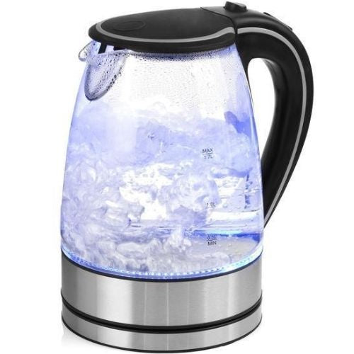 Electric Kettle 1.7L Blue LED Swivel Base Glass Water Boiler Jug Stainless Steel