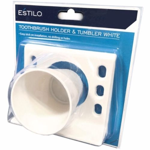 Estilo Toothbrush Holder Tumbler Stick-On Adhesive Installation No Drill WHITE