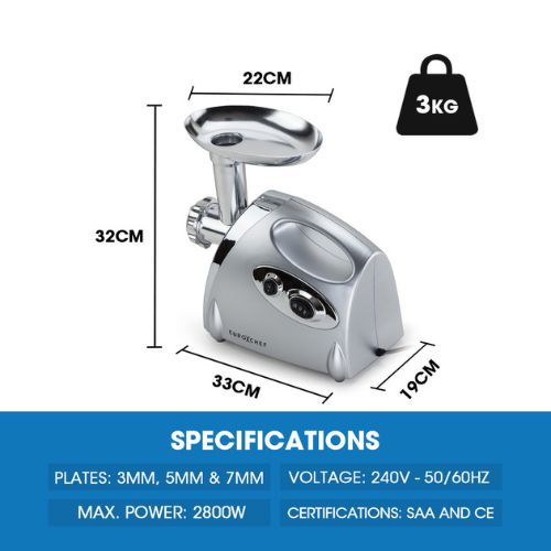 EuroChef Electric Meat Grinder Mincer Sausage Filler Kibbe Maker Machine, Silver