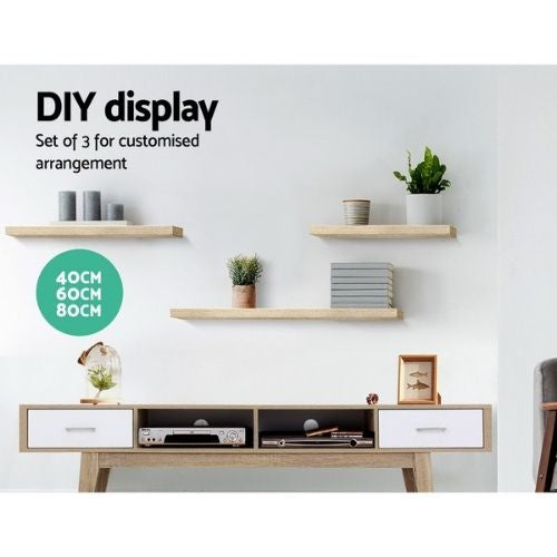 Floating Shelves Wall Shelf Mounted 3 Pieces Storage Book DIY Display Rack - Oak
