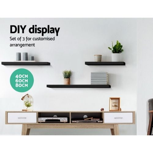 Floating Shelves Wall Shelf Mounted 3 Pieces Storage Book Display Rack - Black