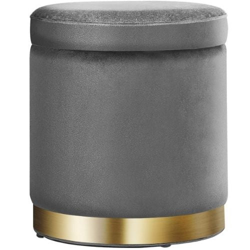 Foot Stool Ottoman Round Velvet With Storage Foot Rest Pouffe Padded Seat - Grey