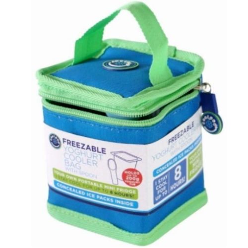 Freezable Reusable Cooler Bag for Yoghurt Tub Blue/Green (Trim Color) W/ Spoon