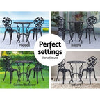 Gardeon 3 Piece Bistro Set Outdoor Garden Patio Table Chair Cast Aluminium Black