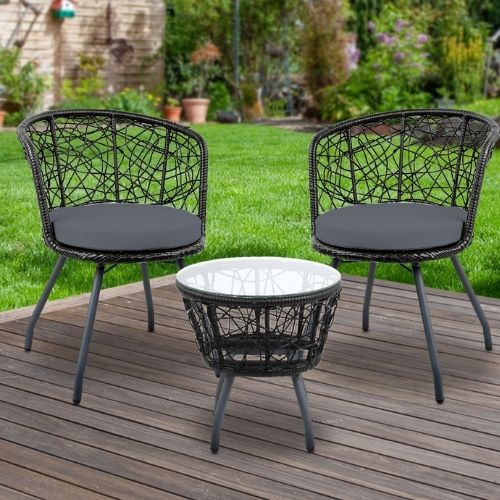 Gardeon 3 Piece Outdoor Sets Garden Furniture Patio Wicker Chair and Table Black