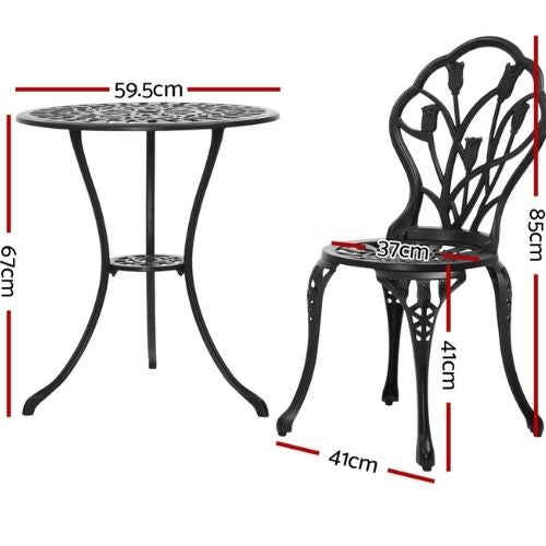 Gardeon 3 Piece Outdoor Setting Bistro Table & Chairs Patio Cast Aluminium Black