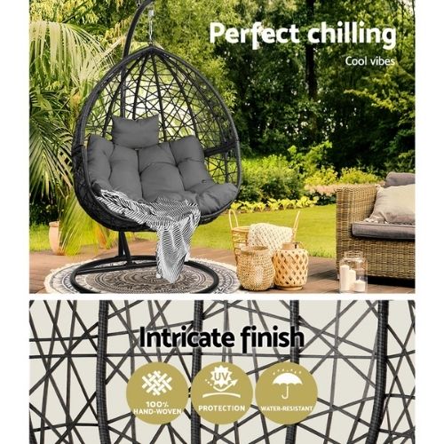 Gardeon Egg Chair Swing Hanging Hammock Outdoor Furniture W/ Steel Stand - Black