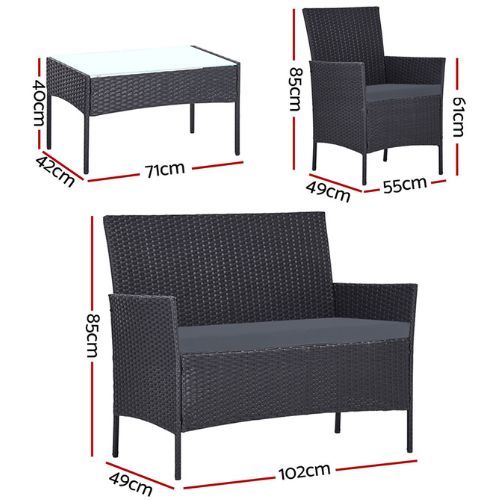 Gardeon Outdoor Furniture Garden Lounge Setting Wicker Table and Chairs - Grey