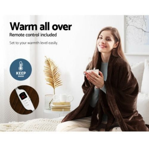 Giselle Bedding Electric Throw Rug Blanket Heated Fleece Pad Winter - Chocolate
