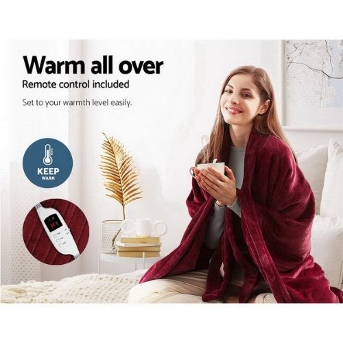 Giselle Bedding Heated Electric Throw Blanket Coral Fleece Timer - Burgundy