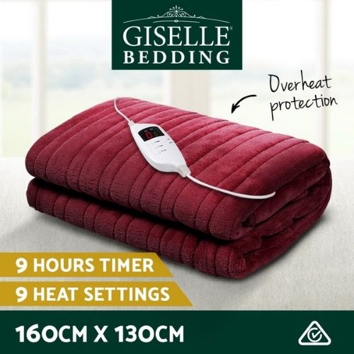 Giselle Bedding Heated Electric Throw Blanket Coral Fleece Timer - Burgundy
