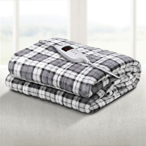 Giselle Electric Heated Throw Rug Snuggle Blanket Flannel Fabric Grey Checkered