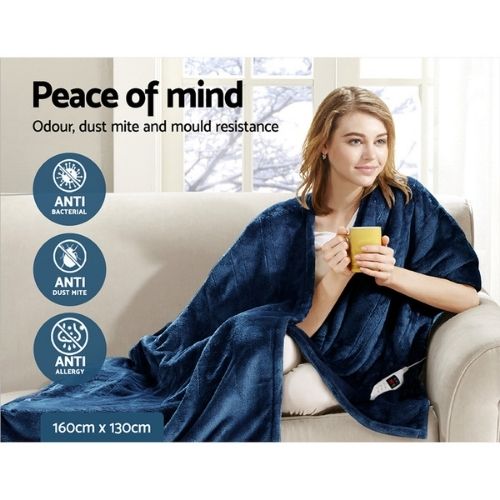 Giselle Electric Heated Throw Rug Snuggle Blanket Washable Fleece - Navy Blue