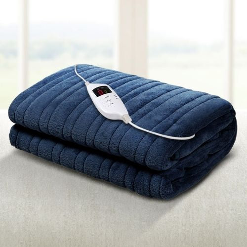 Giselle Electric Heated Throw Rug Snuggle Blanket Washable Fleece - Navy Blue